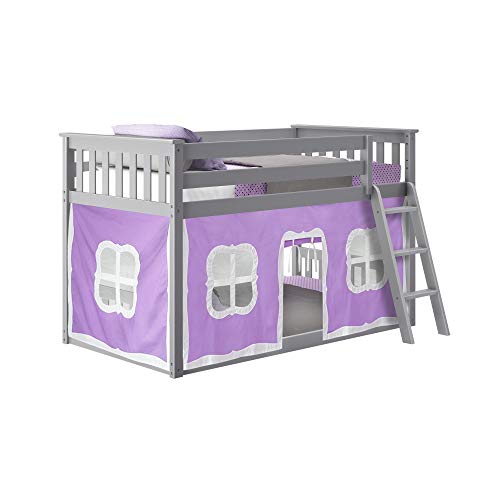 Max & Lily Low Bunk Bed, Twin-Over-Twin Bed Frame For Kids With Curtains For Bottom, Grey/Purple