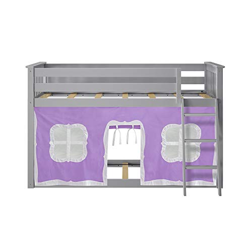 Max & Lily Low Bunk Bed, Twin-Over-Twin Bed Frame For Kids With Curtains For Bottom, Grey/Purple