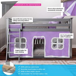 Max & Lily Low Bunk Bed, Twin-Over-Twin Bed Frame For Kids With Curtains For Bottom, Grey/Purple