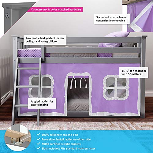 Max & Lily Low Bunk Bed, Twin-Over-Twin Bed Frame For Kids With Curtains For Bottom, Grey/Purple