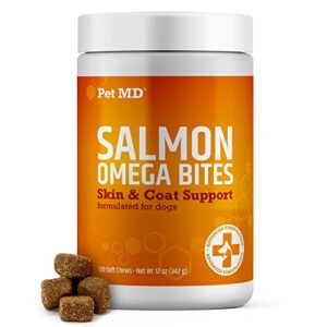 pet md salmon oil omega 3 for dogs - advanced allergy & itch relief for dogs - omega 3 & 6, epa & dha, fish oil omega 3 soft chews - 120 count