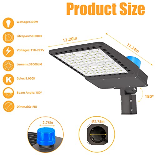 WYZM LED Parking Lot Light 300W,5500K 39,000 Lumens,1000W Metal Halide/HPS Replacement,IP65 Waterproof, Outdoor LED Parking Lot Light for Stadium,Roadways,Adjustable Commercial Light(300w Slip fit)