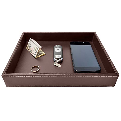 Valet Tray, Dresser Organizer, Desk Tray, Bedside Organizer, Key Bowl, Nightstand Organizer for Men, EDC Tray, Brown PU Leather, 10.3 x 8.3 x 1.6 inches