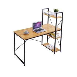 coral flower tower computer desk with 4 tier shelves - 47'' multi level writing study table with bookshelves modern steel frame wood desk compact home office workstation ，light walnut