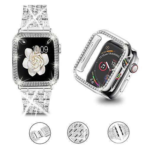 Bekomo Compatible for Apple Watch Band 45mm 41mm 38mm 40mm 42mm 44mm with 2 Pack Bling Crystal Diamonds Case Cover, iwatch SE Series 7 6 5 4 3 2 1 Bands for Women - (Silver 40mm)