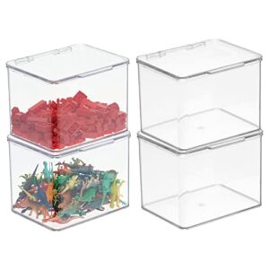 mdesign plastic playroom and gaming storage organizer box containers with hinged lid for shelves or cubbies, holds small toys, blocks, puzzles, markers, controllers, lumiere collection, 4 pack, clear