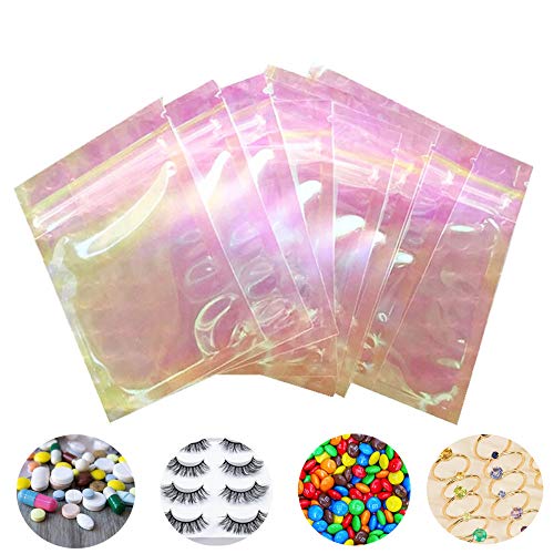 Resealable Holographic Pink Clear Zipper Packaging Bag 100 Pack for Food Storage, Eyelash, Jewelry, small business, small products (Holographic Clear4x6'' (10 x 15 cm)