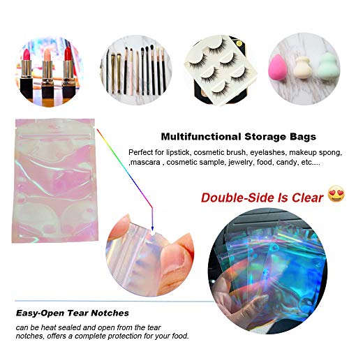 Resealable Holographic Pink Clear Zipper Packaging Bag 100 Pack for Food Storage, Eyelash, Jewelry, small business, small products (Holographic Clear4x6'' (10 x 15 cm)