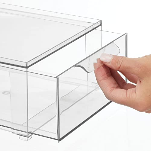 mDesign Plastic Stackable Kitchen Storage Organizer Bin Containers with Front Pull Drawer for Cabinet, Pantry, Fridge, Freezer, Shelf, Refrigerator Organization - Lumiere Collection - 2 Pack - Clear