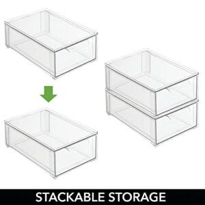 mDesign Plastic Stackable Kitchen Storage Organizer Bin Containers with Front Pull Drawer for Cabinet, Pantry, Fridge, Freezer, Shelf, Refrigerator Organization - Lumiere Collection - 2 Pack - Clear