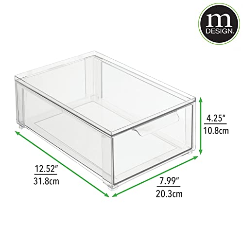 mDesign Plastic Stackable Kitchen Storage Organizer Bin Containers with Front Pull Drawer for Cabinet, Pantry, Fridge, Freezer, Shelf, Refrigerator Organization - Lumiere Collection - 2 Pack - Clear