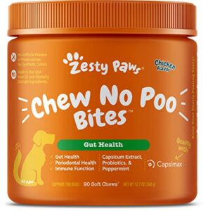 zesty paws chew no poo bites - coprophagia stool eating deterrent for dogs deter stop dog from eating feces probiotic digestive enzymes breath freshener - chicken flavor, 90 soft chews