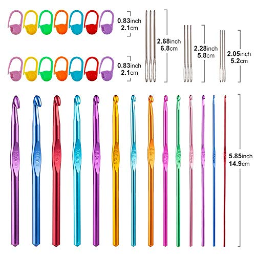 Vodiye 37 PCS Crochet Hooks Set, High Quality Coloured Aluminum Ergonomic Handle Crochet, Hook Needles for Arthritic Hands, with Stitch Markers and Large-Eye Blunt Needles