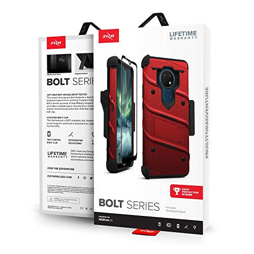 ZIZO Bolt Series for Nokia C5 Endi Case with Screen Protector Kickstand Holster Lanyard - Red & Black