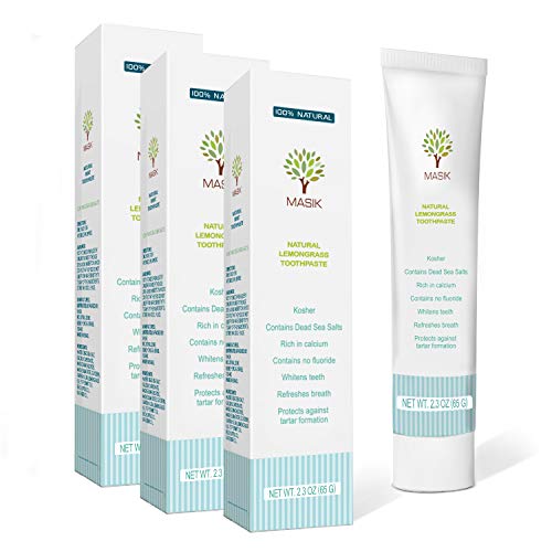 Masik Toothpaste Without Mint, Whitening Stain Removal, Dead Sea Salt Mineral & Essential Oils for Sensitive Teeth Gum Health - Fluoride & Foam Free, Non-SLS, Made in Israel (Lemongrass 3 Pack)