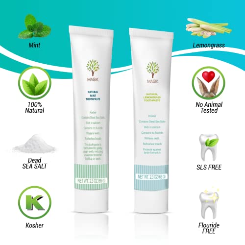 Masik Toothpaste Without Mint, Whitening Stain Removal, Dead Sea Salt Mineral & Essential Oils for Sensitive Teeth Gum Health - Fluoride & Foam Free, Non-SLS, Made in Israel (Lemongrass 3 Pack)