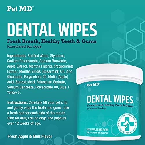 Pet MD Dog Breath Freshener Dental Wipes for Dogs - Tartar and Plaque Remover for Teeth Cleaning - Fresh Apple & Mint Scent Bad Breath Treatment for Dogs - 100 Count