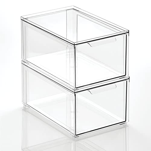 mDesign Plastic Stackable Closet Storage Organizer Bins with Pull Out Drawer for Cabinet, Desk, Shelf, Cupboard, or Dresser Organization - Lumiere Collection - 2 Pack - Clear