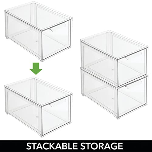 mDesign Plastic Stackable Closet Storage Organizer Bins with Pull Out Drawer for Cabinet, Desk, Shelf, Cupboard, or Dresser Organization - Lumiere Collection - 2 Pack - Clear