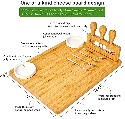 ROYAMY Bamboo Cheese Board Set with 3 Stainless Steel Knife, Meat Charcuterie Platter Serving Tray, Perfect Choice for Wedding Birthdays Christmas Anniversary Housewarming Kitchen Personalized Gift