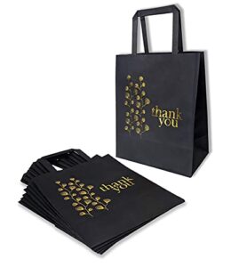 thank you bags bulk with flat handles pack of 50, black kraft paper bags with gold foil stamp image medium size 10x 4.75 x 8 inches