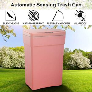 trash can with lid 13 gallon, automatic no touch 50 liter kitchen rubbish can - wide open plastic recycle garbage can w/inner baskets and carry handles, fingerprint proof dustbin for home office- pink