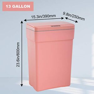 Trash Can with Lid 13 Gallon, Automatic No Touch 50 Liter Kitchen Rubbish Can - Wide Open Plastic Recycle Garbage Can w/Inner Baskets and Carry Handles, Fingerprint Proof Dustbin for Home Office- Pink