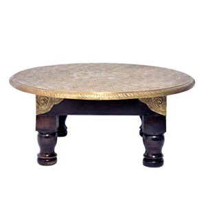 Wooden Round Bajot Brass Fitted Foot Stool and Multi Purpose Use Stool Indian Handmade Stool 15"