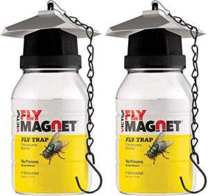 sewanta victor m380 [set of 2] reusable outdoor fly traps 32 oz - fly magnet bait trap - made in usa - bundled with 2 bait cebo and 2 hanging chains