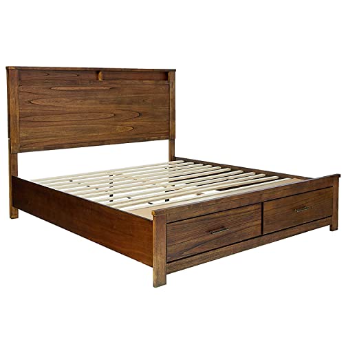 Knocbel Country-Cottage Queen Bed Frame with 2 Drawers, Wood Platform Bed Mattress Foundation with Slats Support & Storage Headboard, 85" L x 64" W x 55" H (Oak)