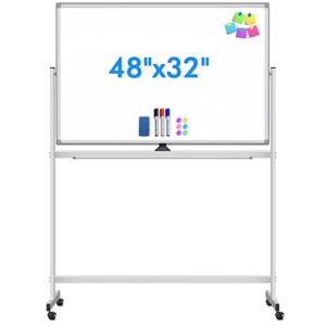 Large Rolling White Board, 48 x 32 inches Double-Sided Mobile Whiteboard, maxtek Reversible Magnetic Dry Erase Board Easel Standing Whiteboard on Wheels for Home Office Classroom, Silver