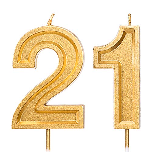 LUTER 2.76 Inch Gold Glitter Happy Birthday Cake Candles Number Candles Birthday Candle Cake Topper Decoration for Party Kids Adults (Number 21)