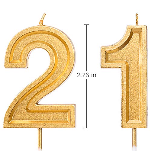 LUTER 2.76 Inch Gold Glitter Happy Birthday Cake Candles Number Candles Birthday Candle Cake Topper Decoration for Party Kids Adults (Number 21)