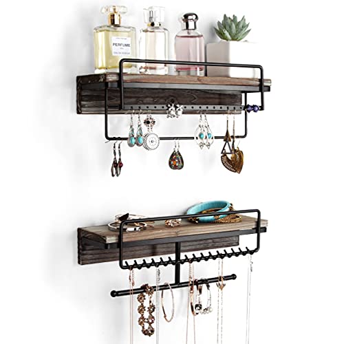 J JACKCUBE DESIGN Rustic Wood 2 Tier Jewelry Organizer, Hanging Wall Mount Accessories Display Rack for Earrings, Necklaces, Breacelet, Rings, Scrunchies with Shelf- MK628A (Rustic Wood)