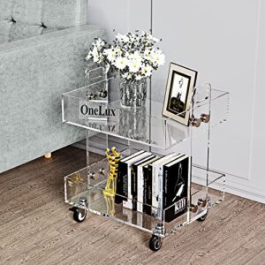 (Flat Packed) ONELUX Original Acrylic Side Table,Clear Table with Wheels,Rolling Storage cart,Acrylic Bedside Tables/Night Stand - 41×34×48H cm