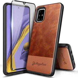 e-began case for samsung galaxy a51 4g with tempered glass screen protector (maximum coverage), premium cowhide leather hybrid defender protective shockproof rugged durable case -brown