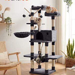 FEANDREA Cat Tree, Large Cat Tower, 64.6 Inches, Cat Activity Center with Hammock, Basket, Removable Fur Ball Sticks, Cat Condo, Smoky Gray UPCT087G01