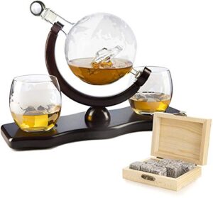 the wine savant globe car whiskey decanter - with 2 globe glasses, includes whiskey stones for whiskey, scotch, bourbon or wine matching globe glasses, home bar decor