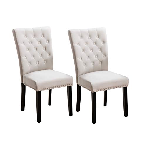 Pekko Home Parsons Upholstered Accent Dining Chairs,Wingback Tufted Cream Velvet Chairs with Solid Wood Legs Set of 2 (Cream)