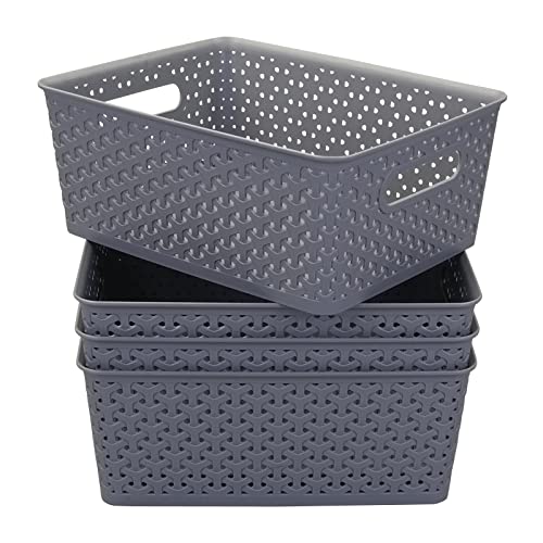 Gloreen Grey Plastic Basket, Weave Storage Baskets, 4 Packs