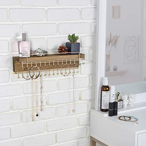 J JACKCUBE DESIGN Rustic Wood Wall Mounted Jewelry Organizer with 30 Gold Metal Hooks Display Shelf Storage for Necklaces, Bracelets, Earrings, Bows and more - MK626A