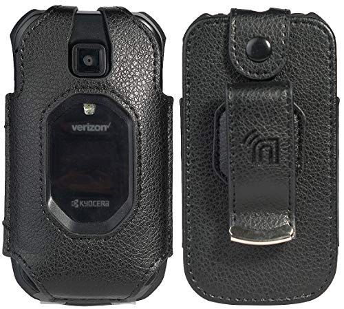 Nakedcellphone Fitted Series for Kyocera DuraXV Extreme, DuraXE Epic, DuraXA Equip Case, Black Vegan Leather Cover with [Built-in Screen Protection] and [Metal Belt Clip] for E4810/E4811/E4830/E4831