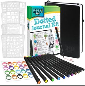keff bullet dotted journal kit - dot journaling set supplies with 237 pages hardcover grid notebook planner, pens, stencils and stickers for teenage girls & adults - black