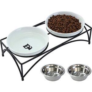 foreyy elevated cat bowls with 2 ceramic bowls and 2 stainless steel bowls,raised cat food water bowl with iron stand,porcelain pet dishes for cats and small dogs,16 ounces,dishwasher safe