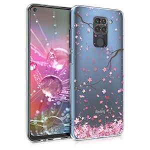 kwmobile clear case compatible with xiaomi redmi note 9 - phone case soft tpu cover - cherry blossoms pink/dark brown/transparent