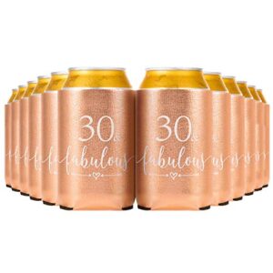 crisky 30 fabulous can cooler rose gold 30th birthday decorations beer sleeve party favor, can covers with insulated covers, 12-ounce neoprene coolers for soda, beer, can beverage, 12 rose gold