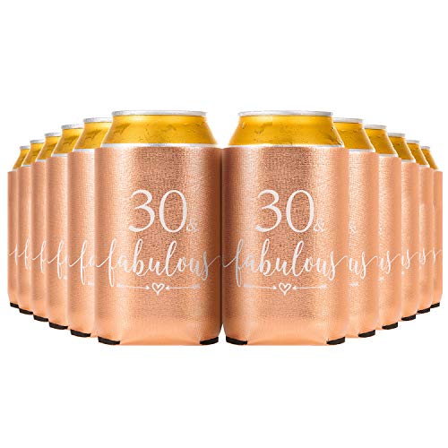 Crisky 30 Fabulous Can Cooler Rose Gold 30th Birthday Decorations Beer Sleeve Party Favor, Can Covers with Insulated Covers, 12-Ounce Neoprene Coolers for Soda, Beer, Can Beverage, 12 Rose Gold