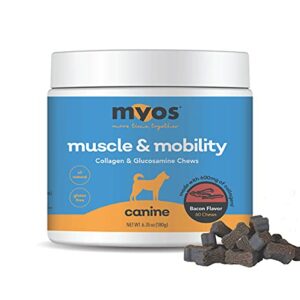 myos canine muscle & mobility chews – natural collagen & glucosamine for dogs - bacon flavor joint supplement for muscle, bone & joint support, 60 count