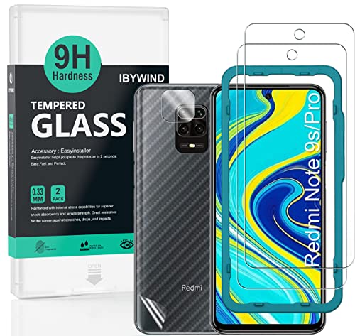 Ibywind Screen Protector For Redmi Note 9S/9 Pro,with 2Pcs Tempered Glass,1Pc Camera Lens Protector,1Pc Backing Carbon Fiber Film [Fingerprint Reader,Easy to install]