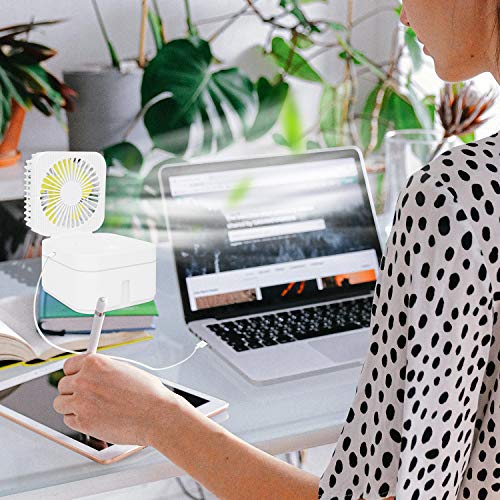 ACTNOW Mini Humidifer Desk Fan With USB, 3 Speed Small Fan with 7 Colors Night Light, Quiet Portable Fan of 4.1' L x 4.1" W x 3.9" H In office, Cooling Air Conditioner Mini Fan for Bedroom (White)